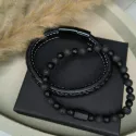 Bransoletka męska turmalin lawa wulkaniczna talizman amulet ochrona siła + skóra naturalna